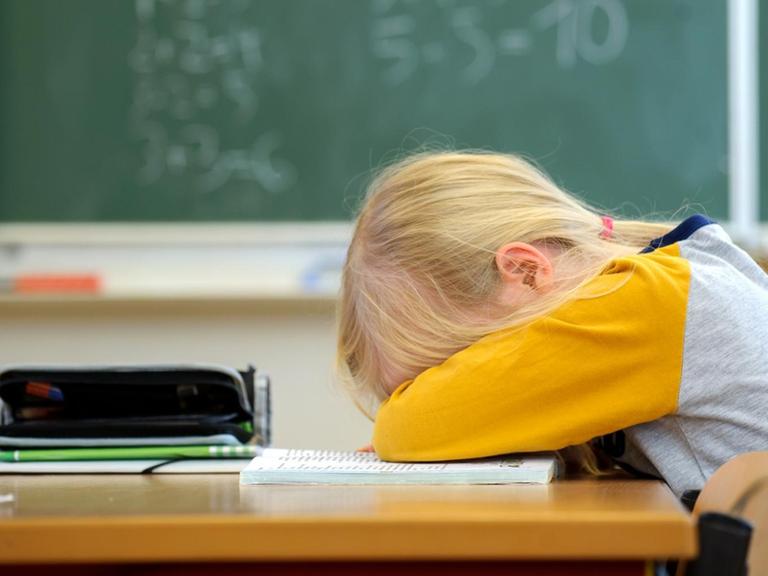 Ein Schulkind schläft auf seinen Schulunterlagen.