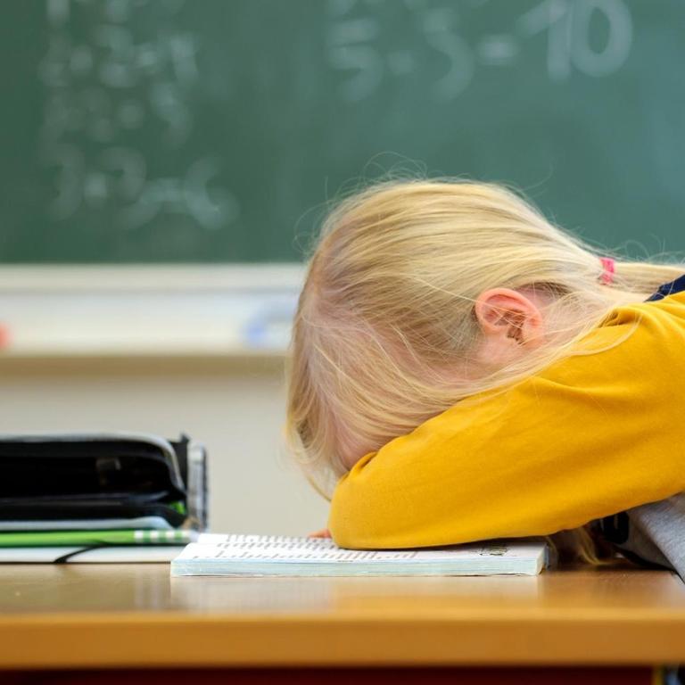 Ein Schulkind schläft auf seinen Schulunterlagen.