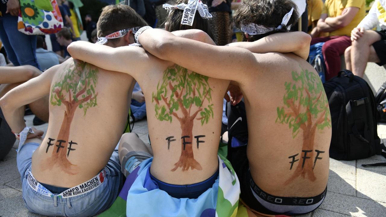 Drei Demonstranten haben Bäume auf ihre nackten Rücken gemalt. Sie sitzen nebeneinander und umarmen sich.