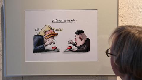 Eine Mitarbeiterin schaut sich am 15.01.2018 in der Burg in Hagen im Bremischen (Niedersachsen), die Karikatur "Rotsehen" in der Ausstellung "Klaus Stuttmann Karikaturen 2017" an.