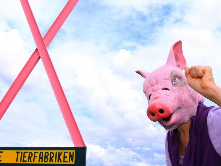 Eine Person trägt eine Schweinemaskte und ballt die Faust kämpferisch. Daneben ein pinke X welches die Aufschrift "Keine Tierfabriken" trägt.