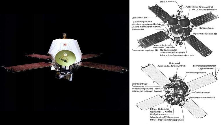 Mariner 9-Raumsonde mit Erläuterungen zu ihrem Aufbau