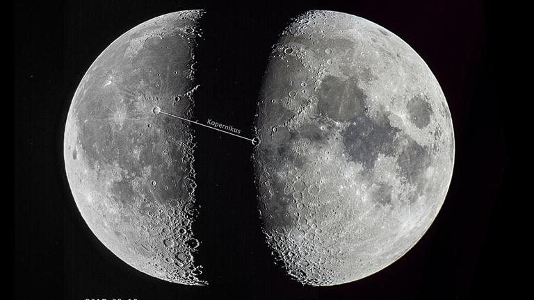 Durch die Libration des Mondes verschiebt sich auch die Position des bekannten Mondkraters Copernicus relativ zur Mitte des Mondanblicks