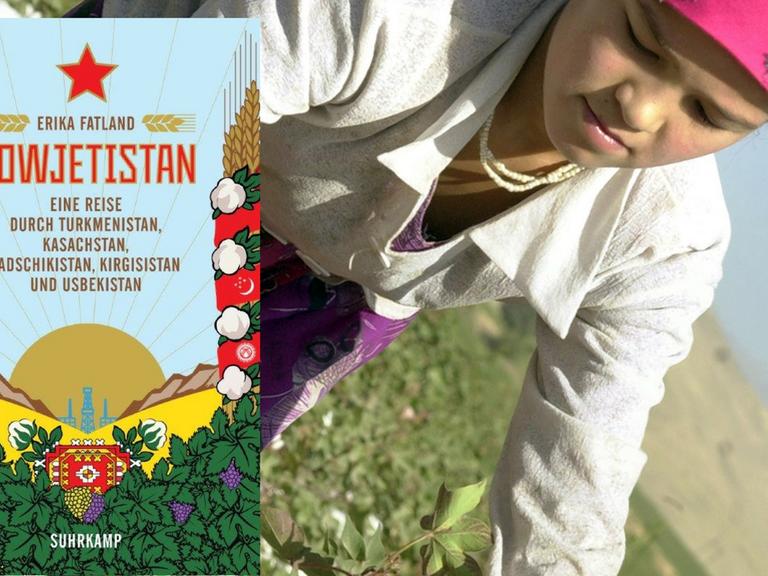 Cover des Buches "Sowjetistan" vor dem Hintergrund der Baumwollernte in Tadschikistan