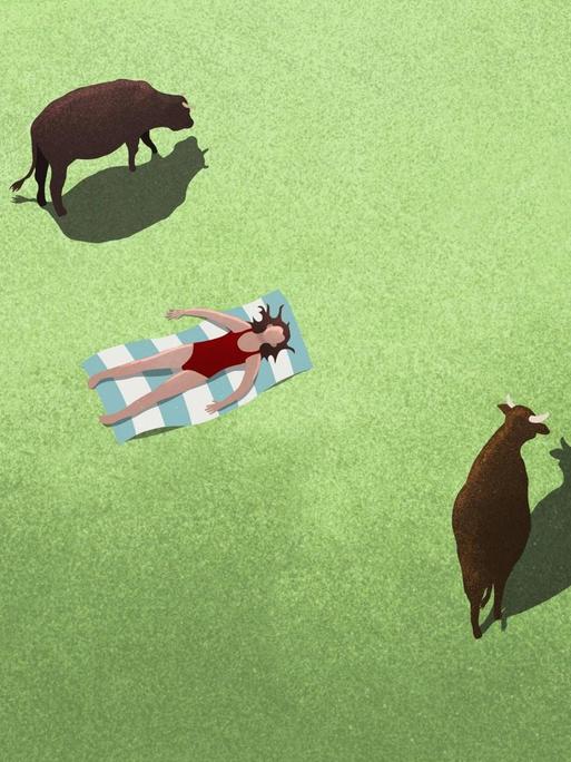 Eine Frau liegt auf einem Handtuch zwischen Kühen auf einer grünen Wiese. (Illustration)