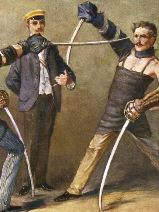 Eine Duellszene mit zwei Duellierenden und ihren Sekundanten um 1905.
