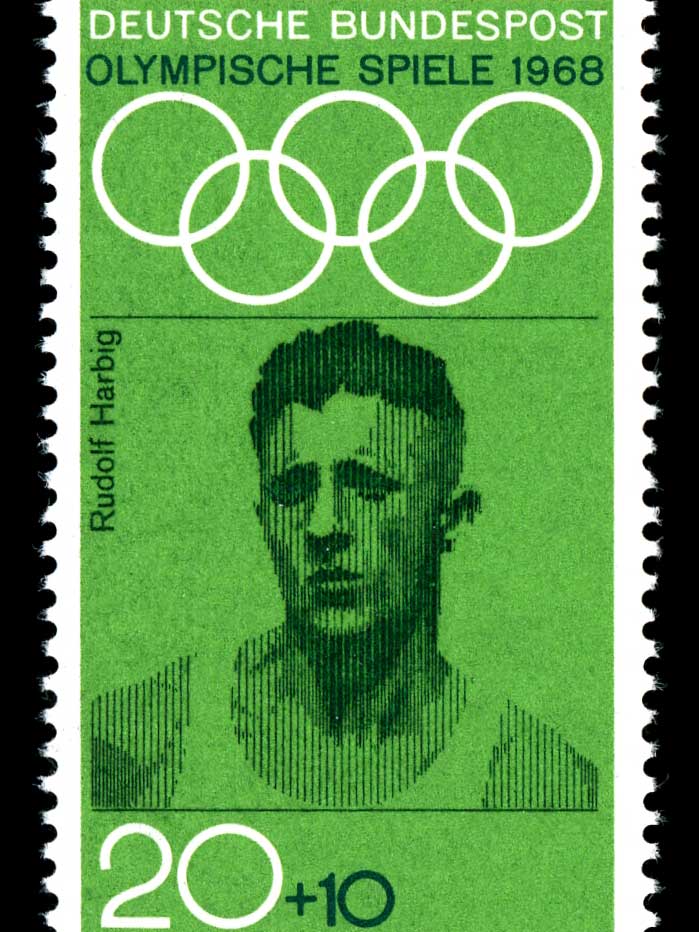 Eine Briefmarke der Bundespost mit einem Portrait des Läufers Rudolf Harbig. Eine Briefmarke der Bundespost mit einem Portrait des Läufers Rudolf Harbig.