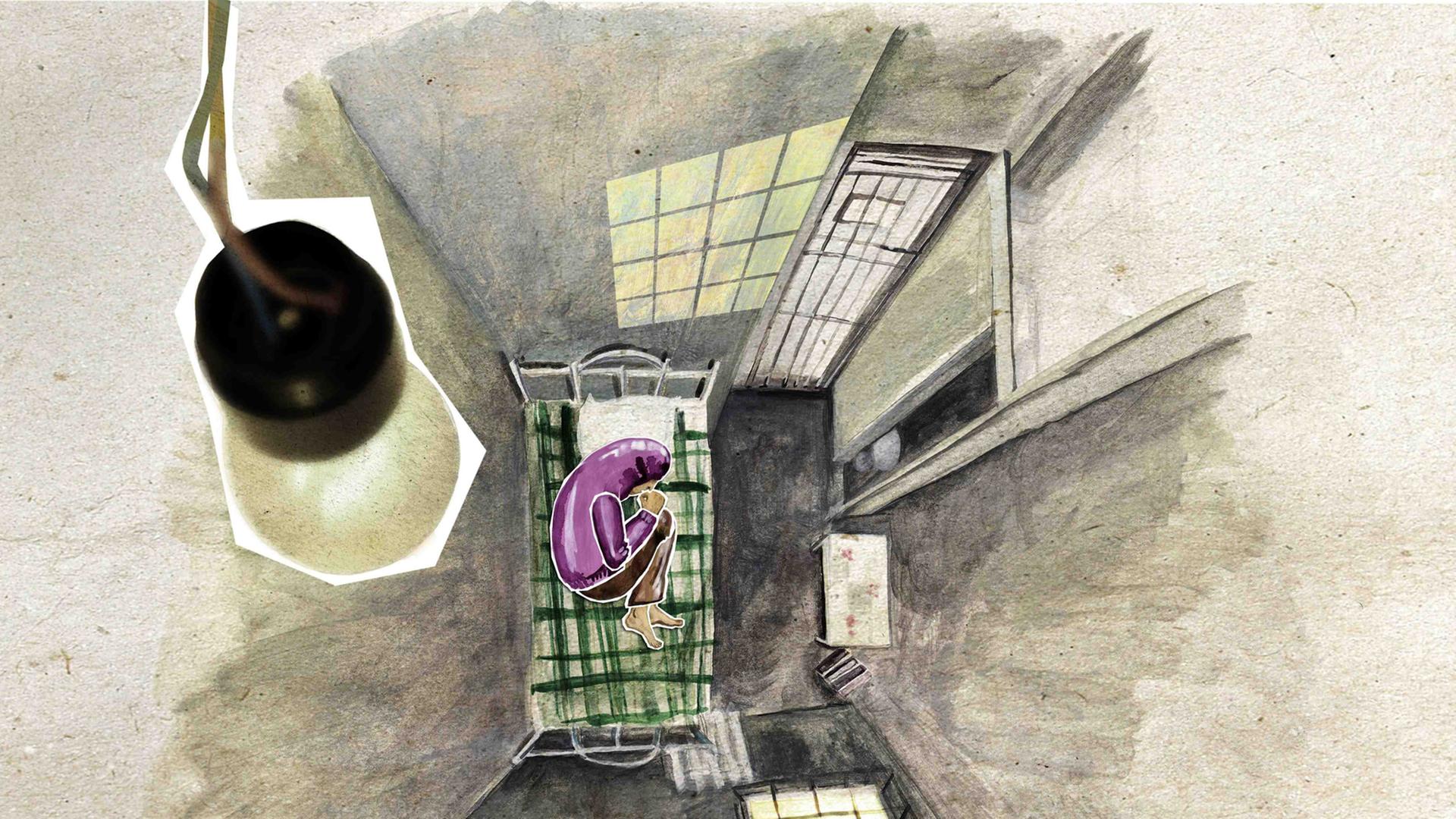 Szene aus dem Animationsfilm "Crulic - Weg ins Jenseits". Das Bild zeigt von oben einen Menschen auf einer Gefängnispritsche liegend.