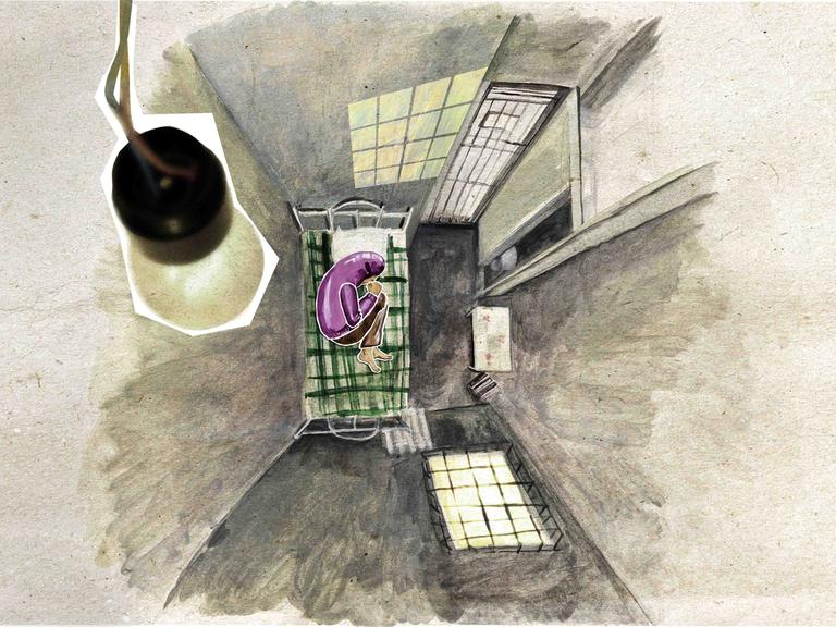 Szene aus dem Animationsfilm "Crulic - Weg ins Jenseits". Das Bild zeigt von oben einen Menschen auf einer Gefängnispritsche liegend.