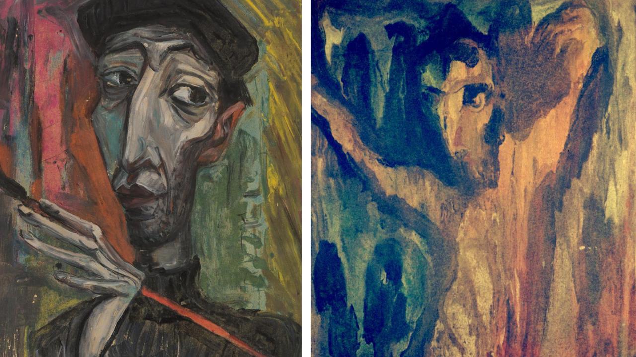 Links: Selbstporträt mit Baskenmüstze, Rechts: Abstraktes Porträt eines Menschen in dunklen Farben.