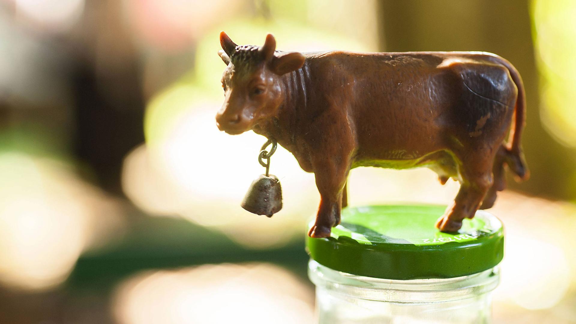 Eine Spielzeugkuh mit einer Kuhglocke steht auf eine Milchflasche mit frischer Bio-Rohmilch.