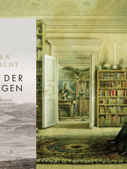Cover "Das Buch der Begegnungen" von Alexander von Humboldt / im Hintergrund ein Bild Humboldts in seinem Bilbiothekszimmer