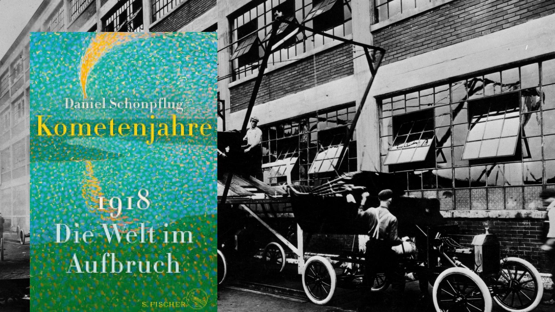 Buchcover: Daniel Schönpflug "Kometenjahre" vor dem Hintergrund einer Automobilfabrik