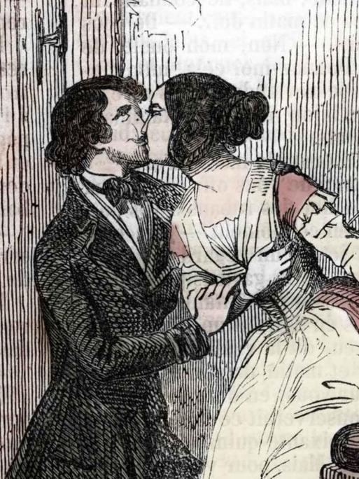 Illustration eines heimlichen Kusses zwischen Eugénie Grandet und ihrem Cousin Charles.