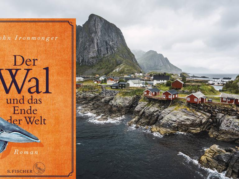 Im Vordergrund ist das Cover des Buches "Der Wal und das Ende der Welt" zu sehen. Im Hintergrund ist eine Aufnahme eines Dorfes an einer steinigen Küste.