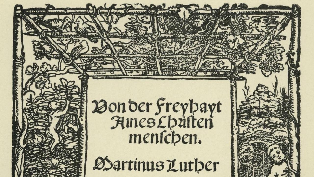 Titelholzschnitt von Martin Luther: 'Von der Freyhayt Aines Christenmenschen', Freiheitstraktat mit der These der Freiheit und gleichzeitigen Knechtschaft der Christen, Wittenberg, 1520.