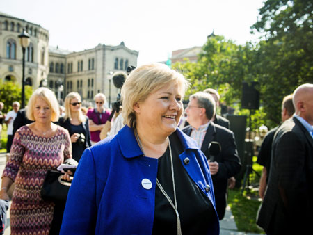 Die norwegische Oppositionsführerin Erna Solberg von der konservativen Hoyre Partei