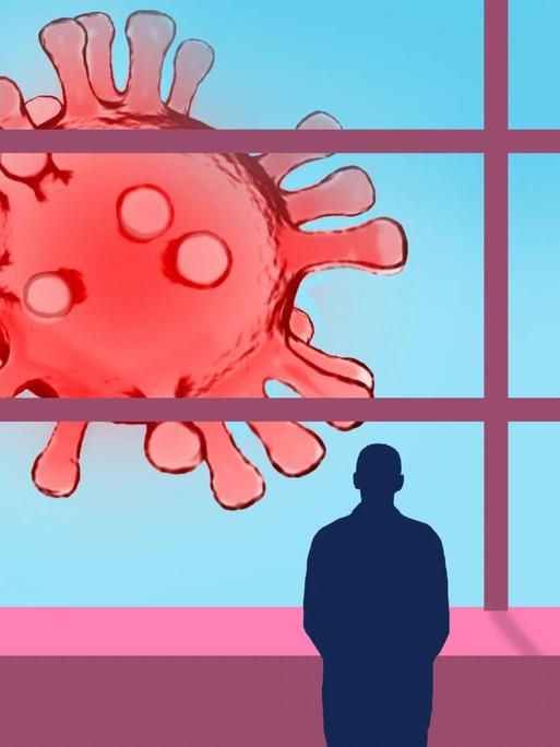 Ein Mann steht am Fenster und schaut hinaus auf eine Zeichnung eines Virus.