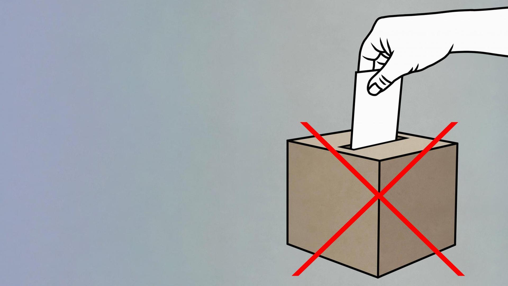 Eine Hand steckt einen Wahlzettel in eine Wahlurne. Darüber ein großes rotes X.