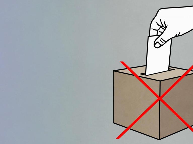 Eine Hand steckt einen Wahlzettel in eine Wahlurne. Darüber ein großes rotes X.