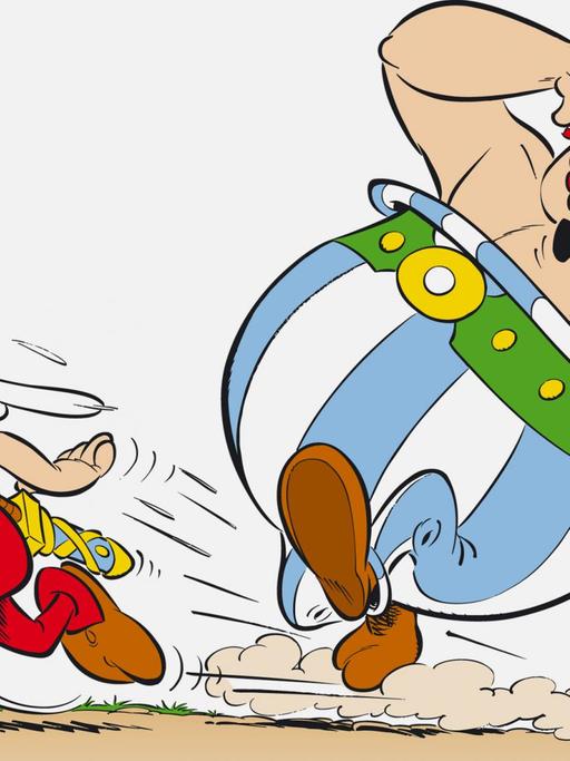 Zeichnung aus dem Comic Asterix und Obelix in der Asterix, Obelix und Idefix wegrennen.