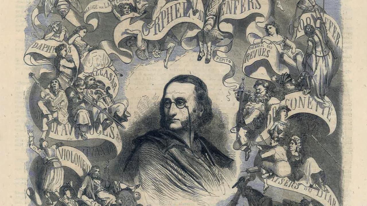 Das Porträt des Komponisten inmitten musikalischer Allegorien seiner Opern und anderer Werke.