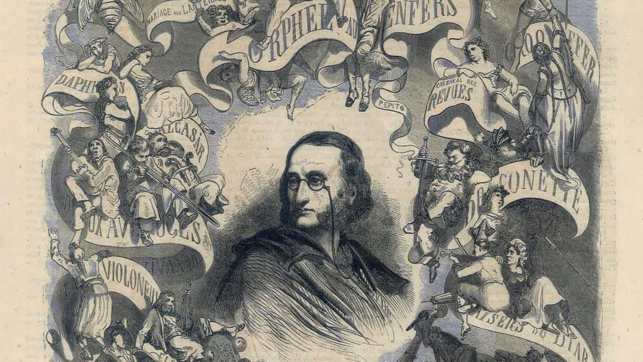 Das Porträt des Komponisten inmitten musikalischer Allegorien seiner Werke.