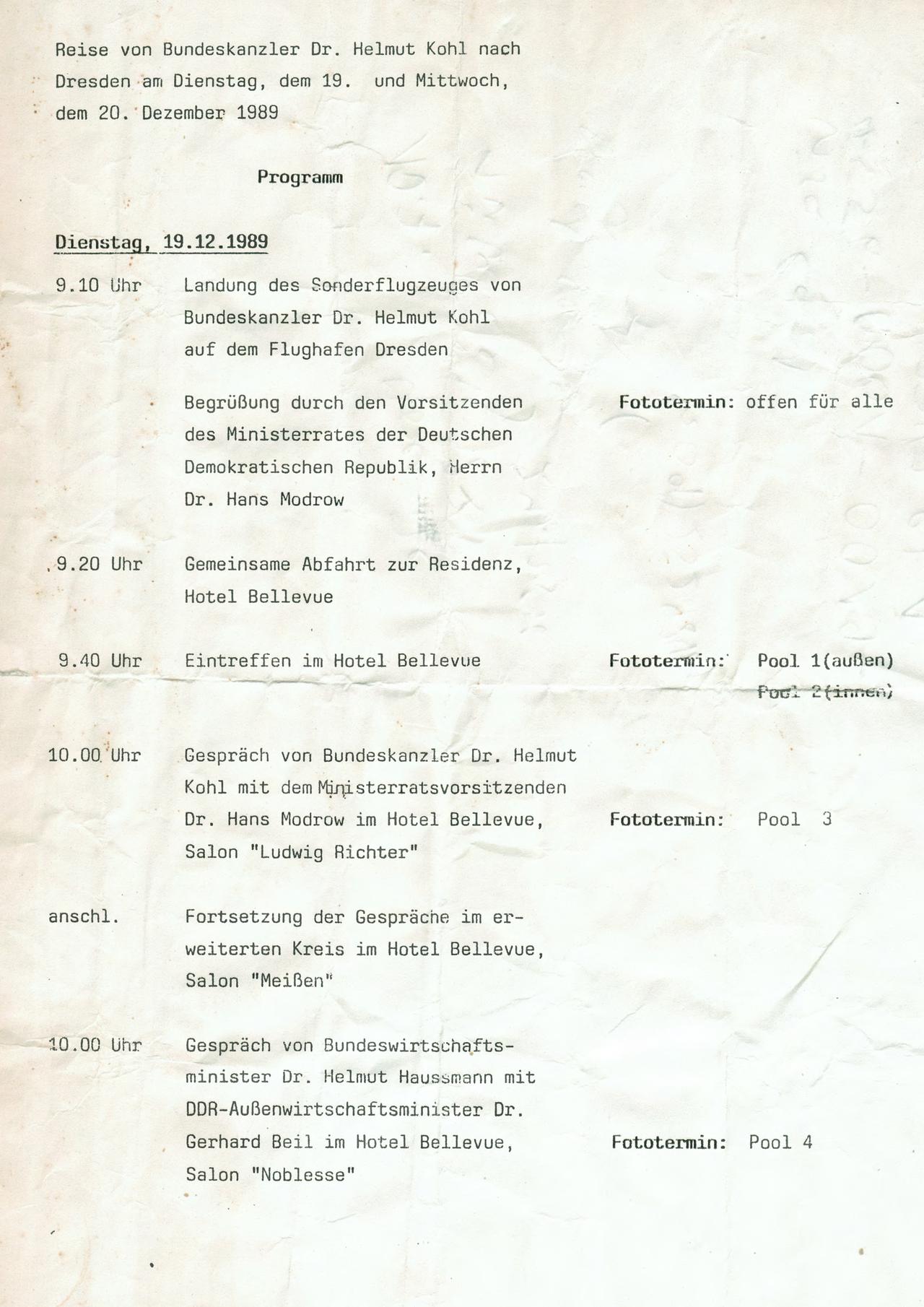 Programm der Reise des damaligen Bundeskanzlers Helmut Kohl nach Dresden am 19. und 20. Dezember 1989