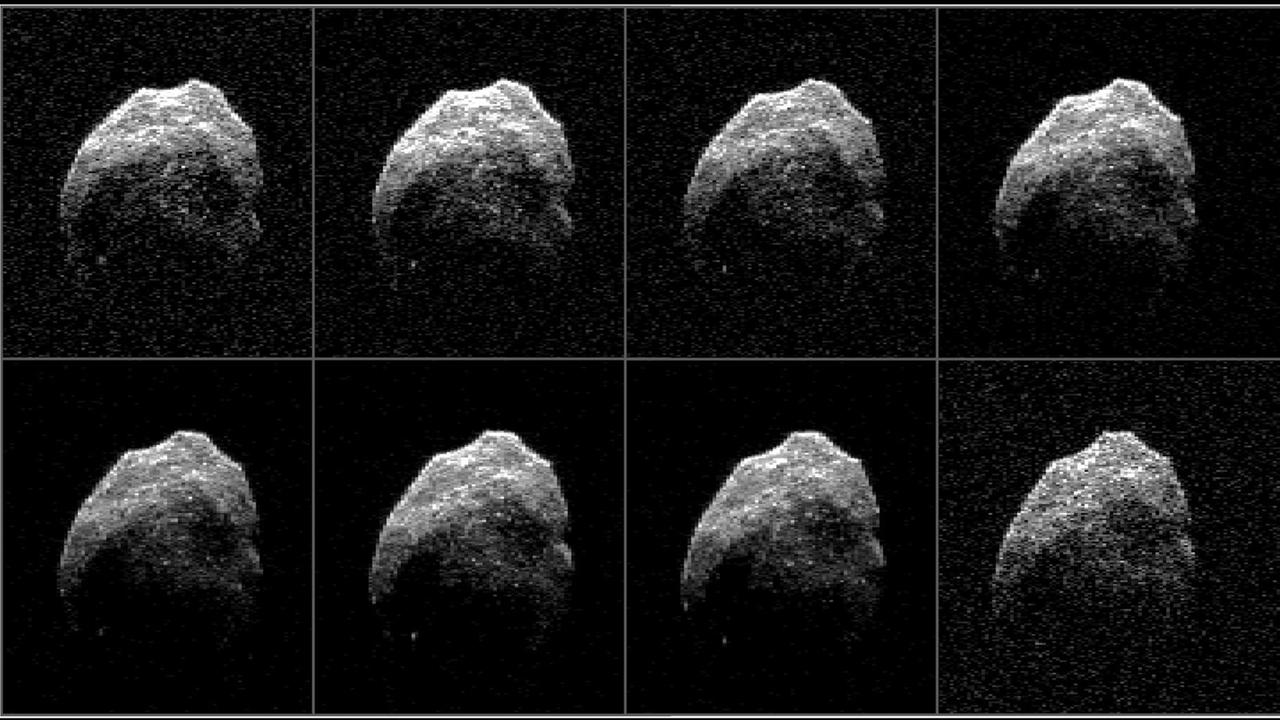 Serienaufnahme des sich drehenden Asteroiden mit dem Goldstone-Radar