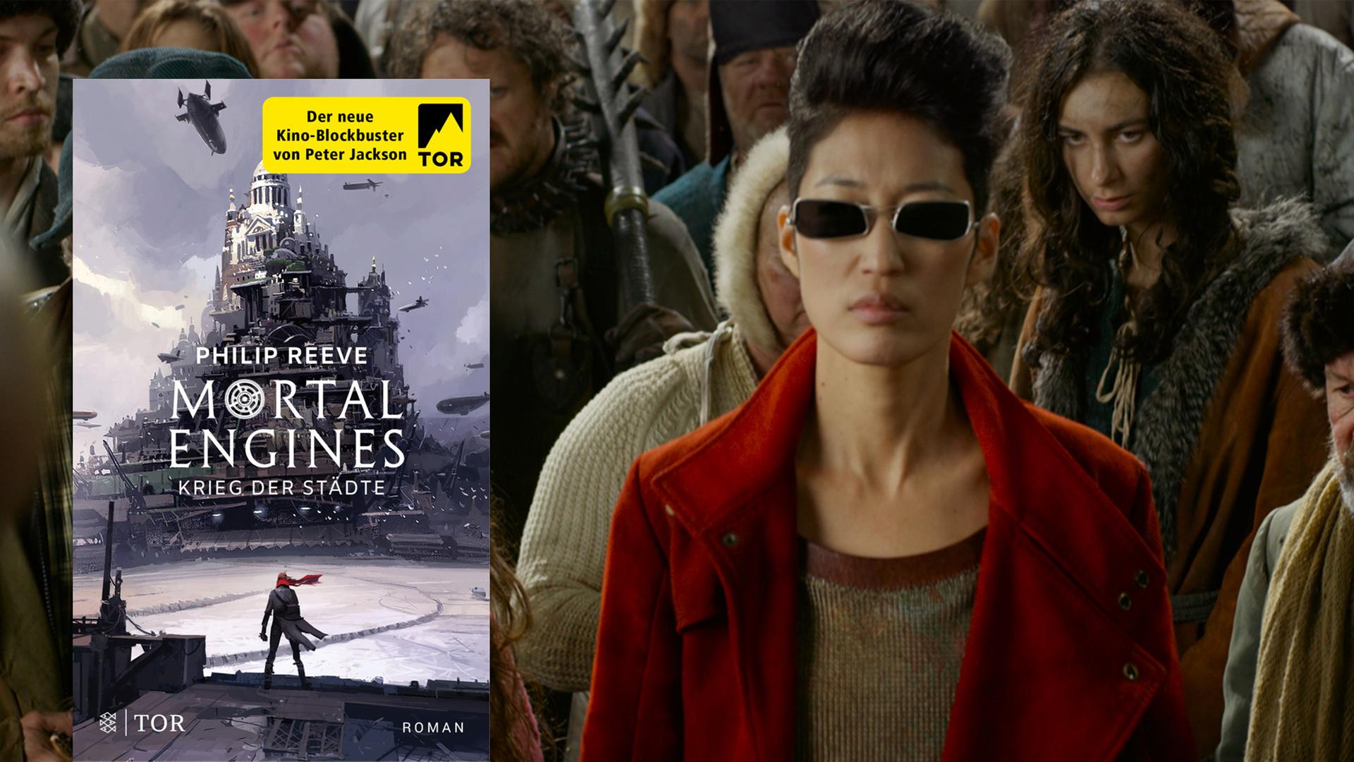 Im Vordergrund: Cover des Buches "Mortal Engines" von Philip Reeve, im Hintergrund: Filmszene aus "Mortal Engines" von Christian Rivers mit Anna Fang als Jihae.
