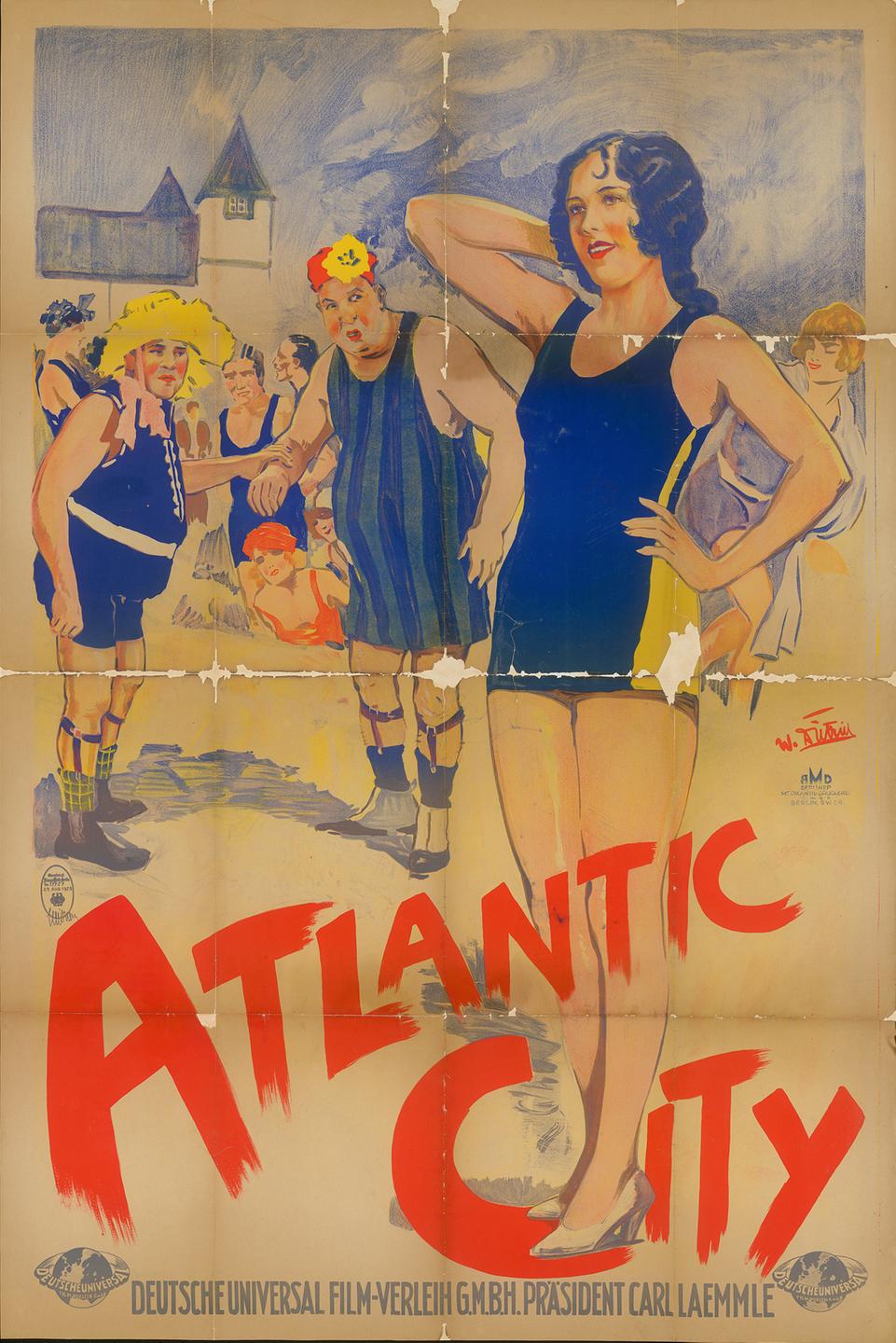 Ein altes Filmplakat mit Gebrauchsspuren. Unten steht mit roter Schrift "Atlantic City", darüber mehrere Menschen.