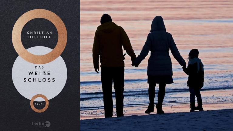Buchcover Christian Dittlof: "Das weiße Schloß" und im Hintergrund eine Familie vorm Sonnenuntergang