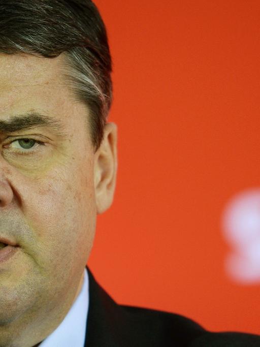Der SPD-Vorsitzende Sigmar Gabriel spricht am 08.02.2015 während einer Pressekonferenz auf dem Gut Borsig bei Nauen (Brandenburg).