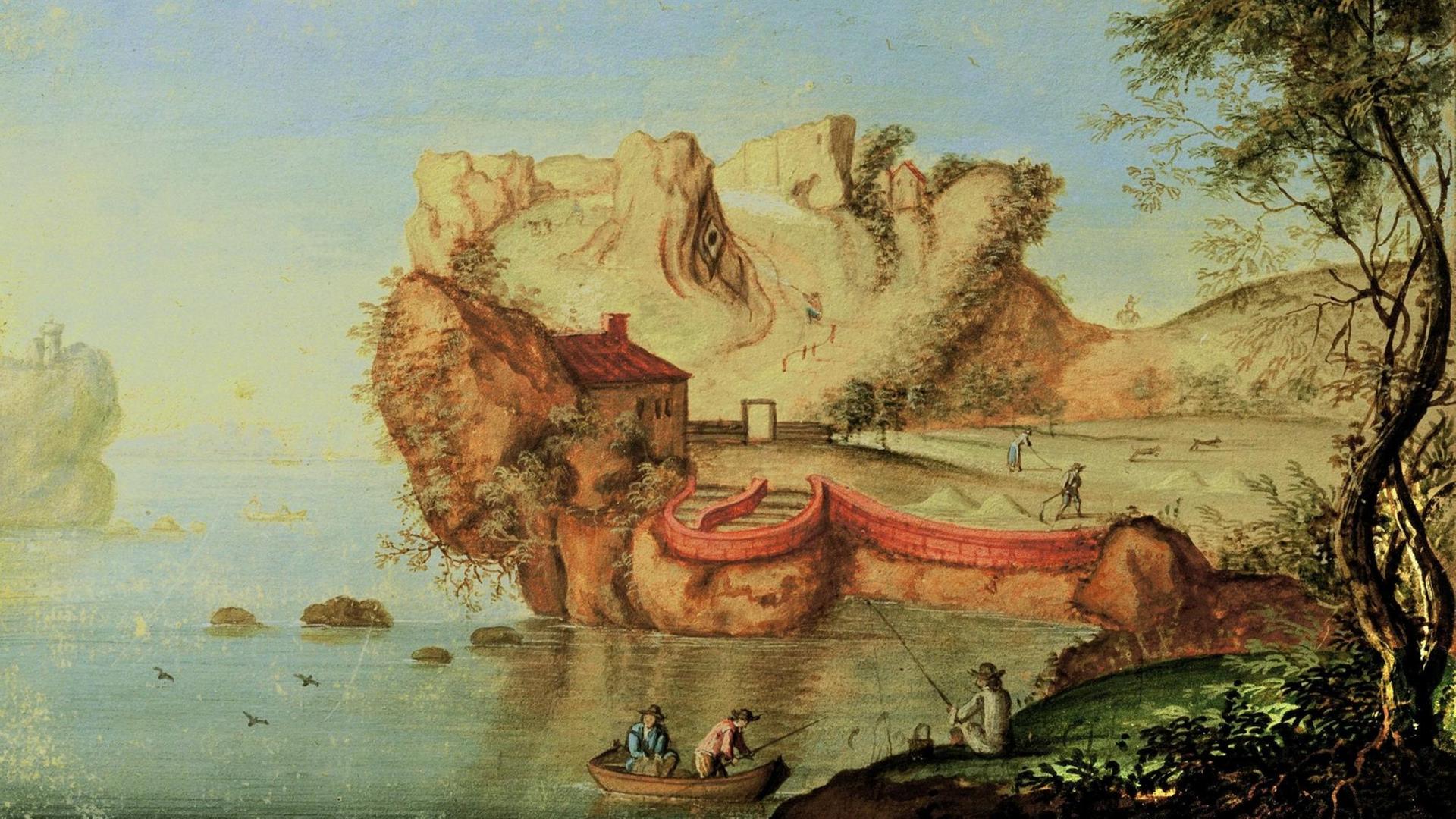 Das Aquarell 'Anthropomorphe Landschaft' von Matthäus Merian (um 1650) zeigt eine Landschaft mit See und Fels. Es handelt sich um ein Vexierbild: Man kann in dem Felsen auch das Gesicht eines Mannes erkennen.