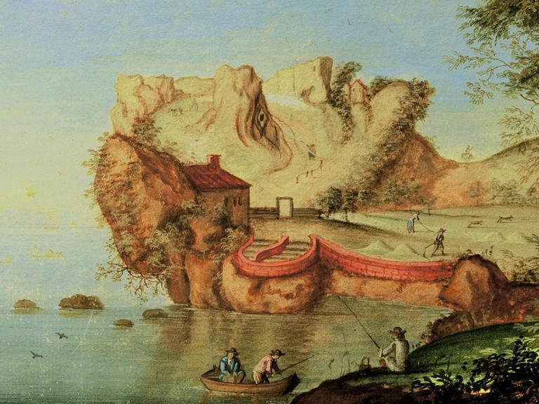 Das Aquarell 'Anthropomorphe Landschaft' von Matthäus Merian (um 1650) zeigt eine Landschaft mit See und Fels. Es handelt sich um ein Vexierbild: Man kann in dem Felsen auch das Gesicht eines Mannes erkennen.