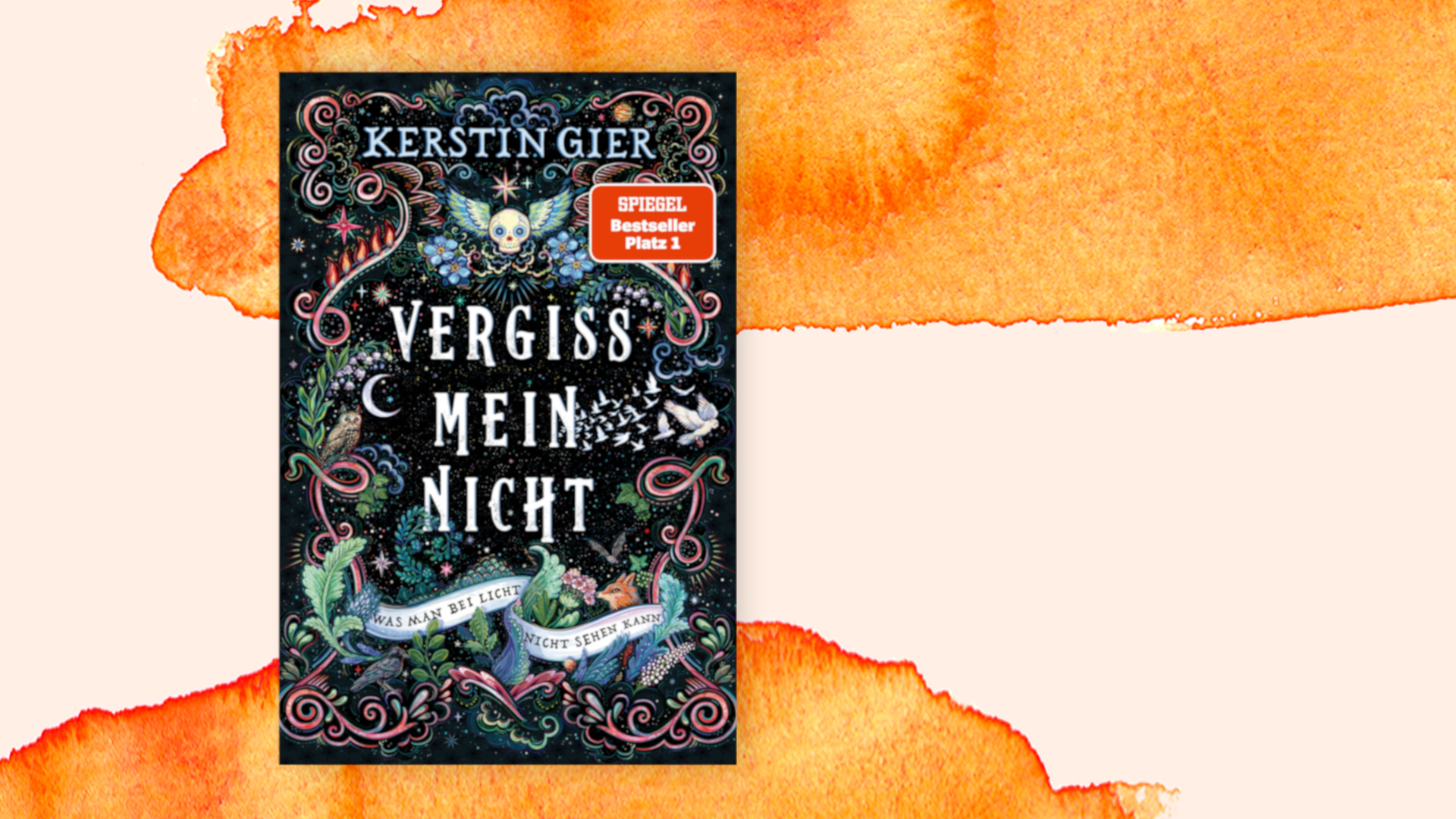 Den schwarzen Buchumschlag von Kerstin Giers Roman "Vergissmeinnicht" zieren ein geflügelter Totenkopf, rankende Ornamente sowie der Schriftzug "Was man bei Licht nicht sehen kann".