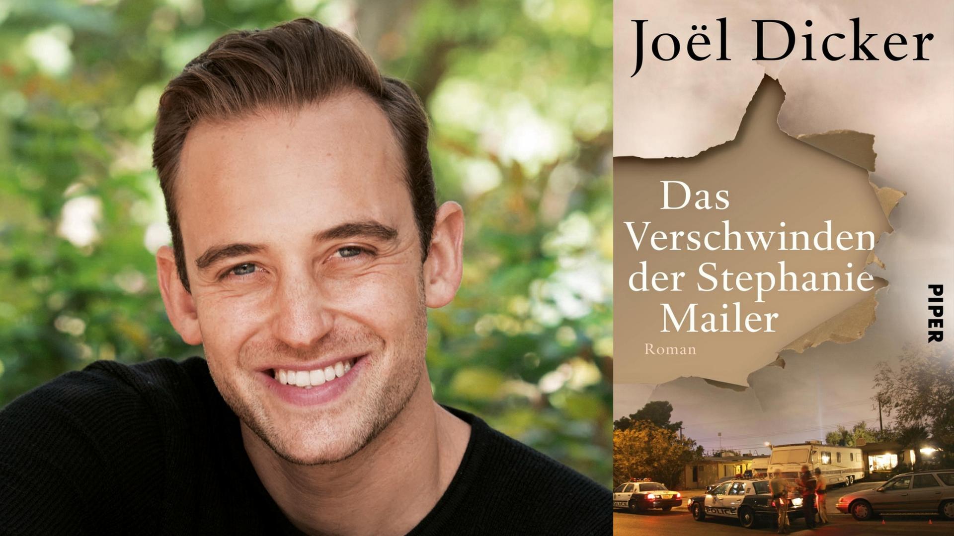 Zu sehen ist der Autor Joël Dicker und das Cover seiner Romans "Das Verschwinden der Stephanie Mailer".