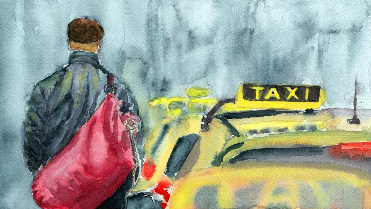 Illustration: Ein Mann steigt in ein Taxi.
