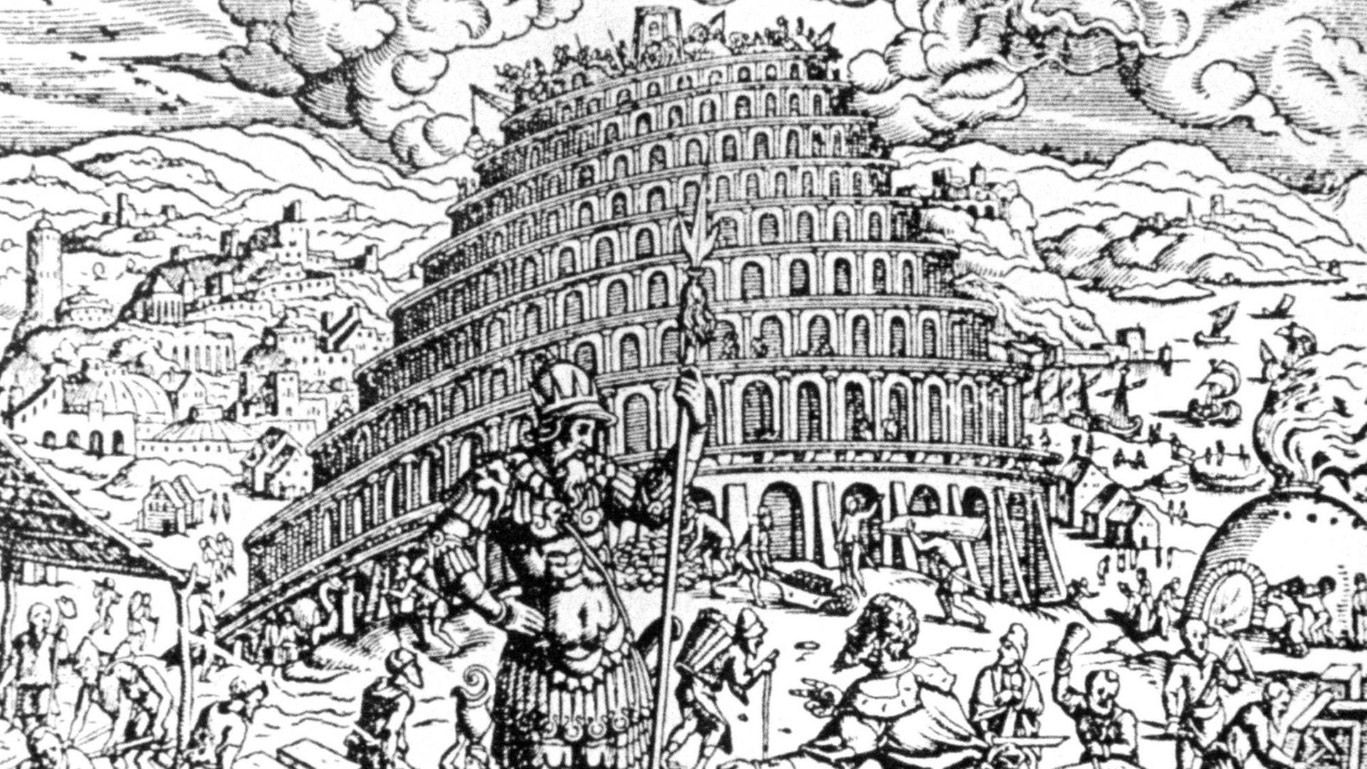 Stich von Feyerabend aus dem Jahr 1566 vom Turmbau zu Babel.