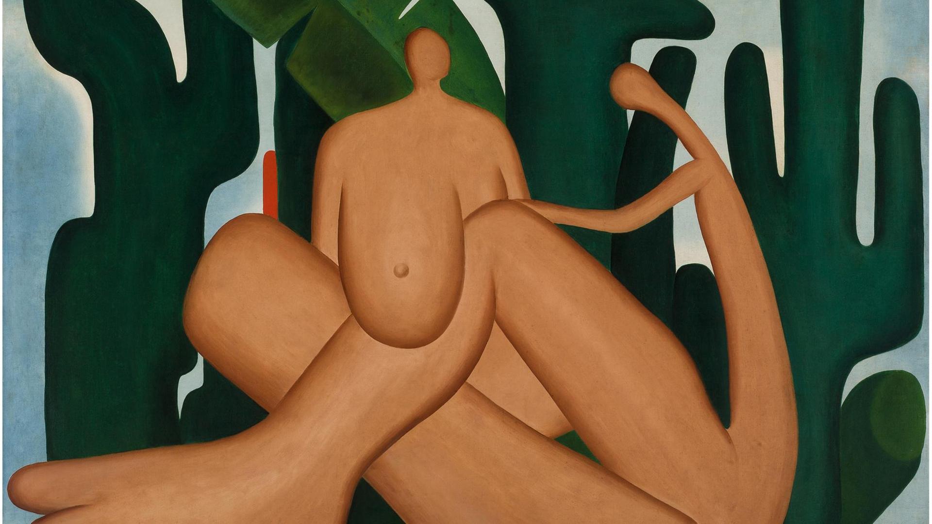 Das Ölgemälde zeigt in abstrakter Form eine nackte Frau und einen nackten Mann vor Palmen und Kakteen sitzen.
