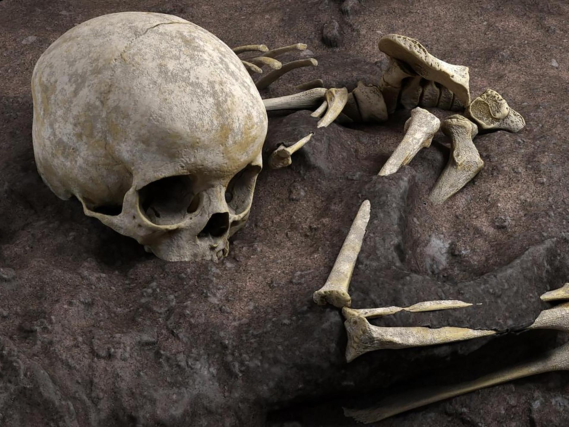 Skelett eines Steinzeitkindes im Sand, virtuelle Rekonstruktion