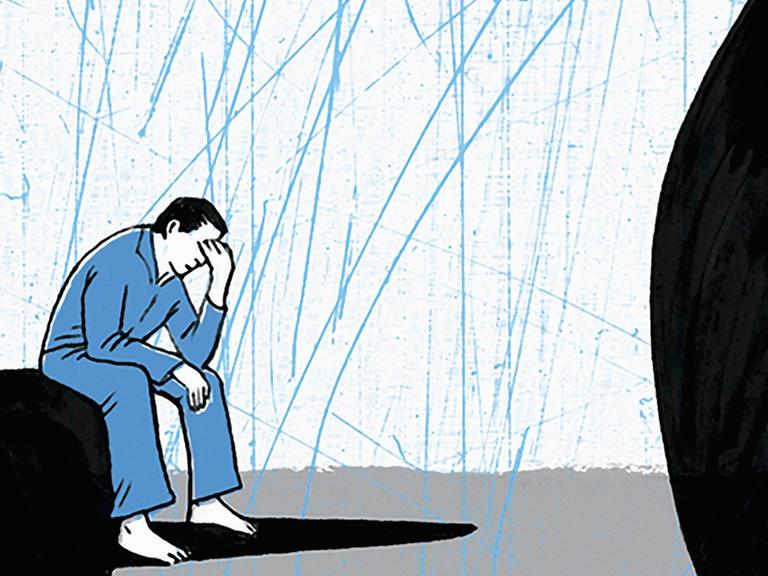 Illustration: Ein deprimierter Mann hält seinen Kopf in den Händen.