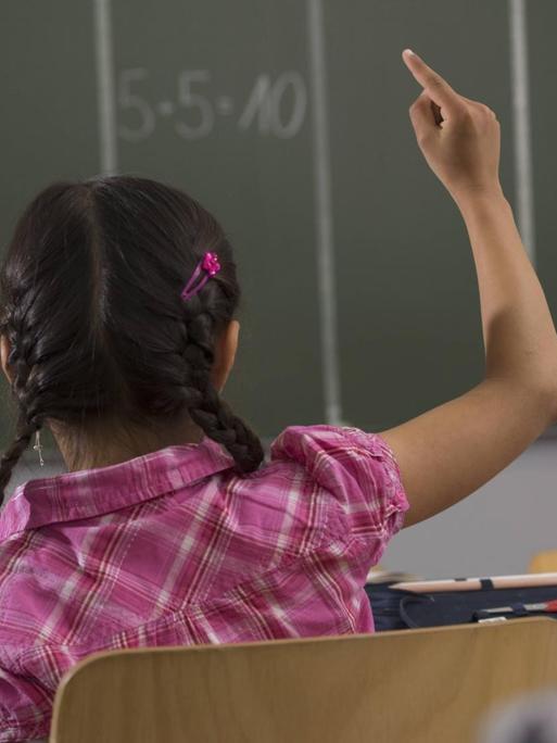 Ein von hinten fotografiertes Mädchen mit dunklen Zöpfen sitzt vor einer Tafel in einem Klassenraum und hebt seine rechte Hand.