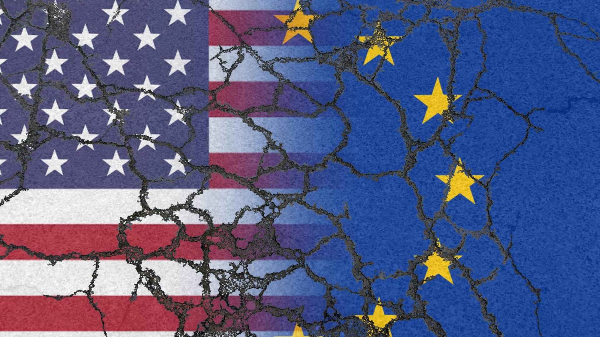 Verschmelzende Flaggen der Europäischen Union und der USA auf erodierendem Asphalt