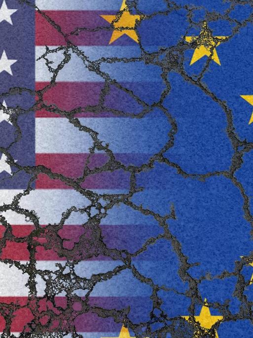 Verschmelzende Flaggen der Europäischen Union und der USA auf erodierendem Asphalt