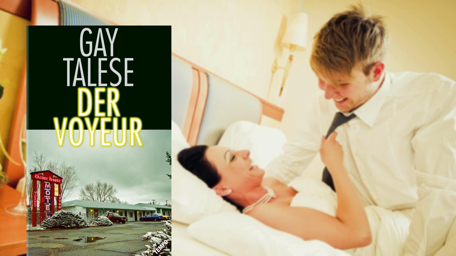 Cover des Buchs "Der Voyeur", im Hintergrund ein Brautpaar im Bett eines Hotelzimmers