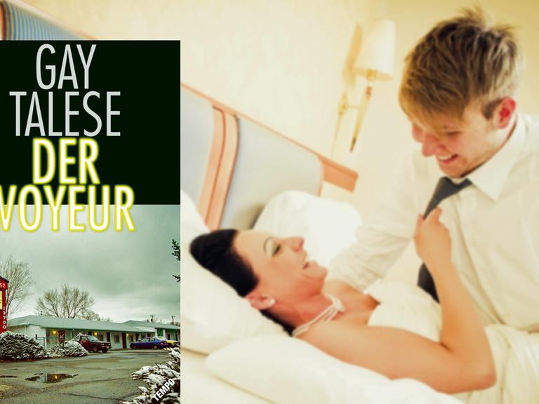 Cover des Buchs "Der Voyeur", im Hintergrund ein Brautpaar im Bett eines Hotelzimmers