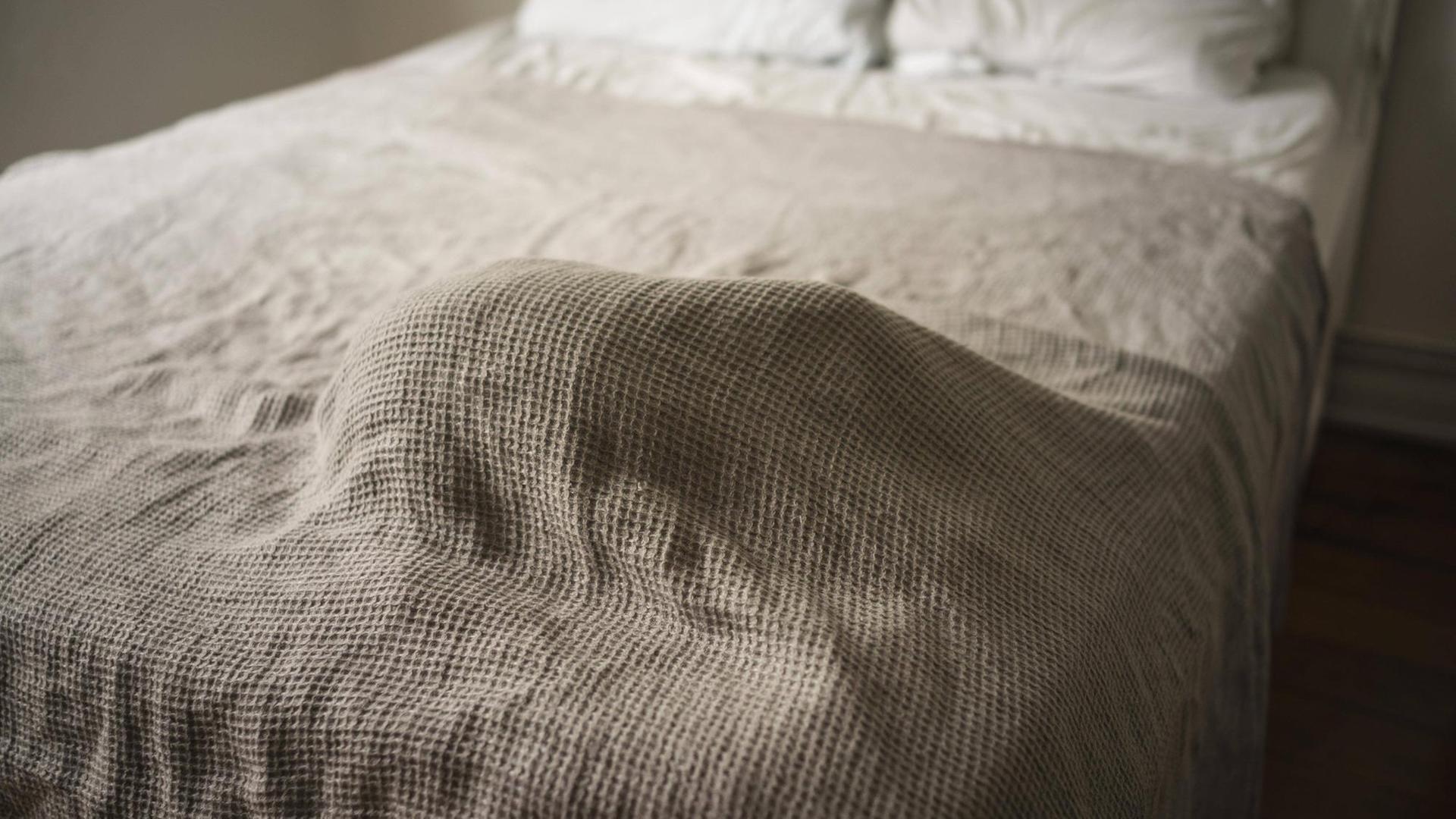 Eine Katze schläft unter einer Bettdecke, nur die Wölbung des Stoffes ist sichtbar.