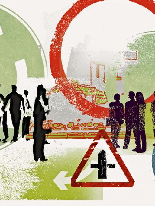 Eine Collage zeigt Schattenumrisse von Menschen mit verschiedenen Verkehrszeichen