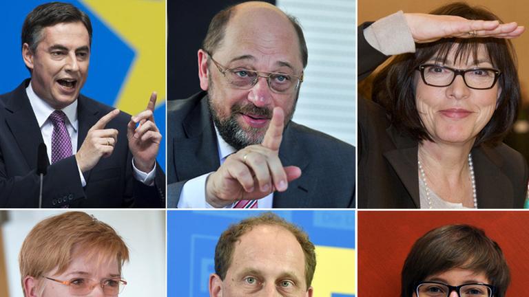 Combo der deutschen Spitzenkandidaten zur Europawahl von CDU, SPD, Bündnis90/Die Grünen, Piratenpartei, FDP und Linkspartei